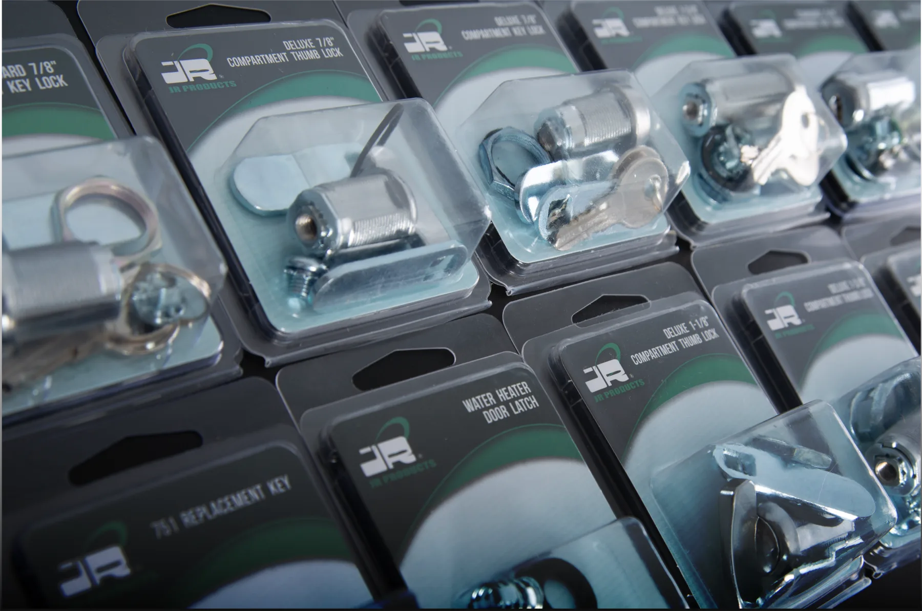 JR Products packaged hardware parts displayed as a retail category assortment